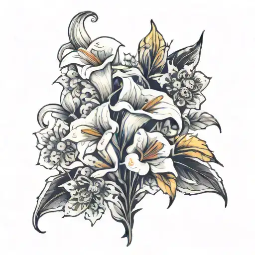 White Calla Lily and Daffodil and Chrysanthemum tattoo design idea