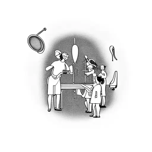 A tattoo of a dental technologist working on a musical instrument with family members looking on tattoo design idea