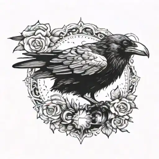 raven head with two Pennie's in it's mouth open tattoo design idea