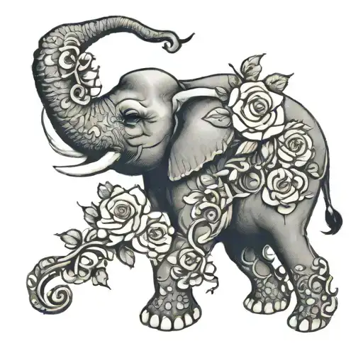 Elephant tattoo woman theme on thigh with bold roses and vines tattoo design idea