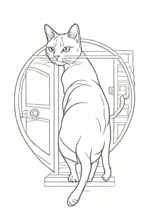  cat is going to go out through open door and looking back on me tattoo design idea