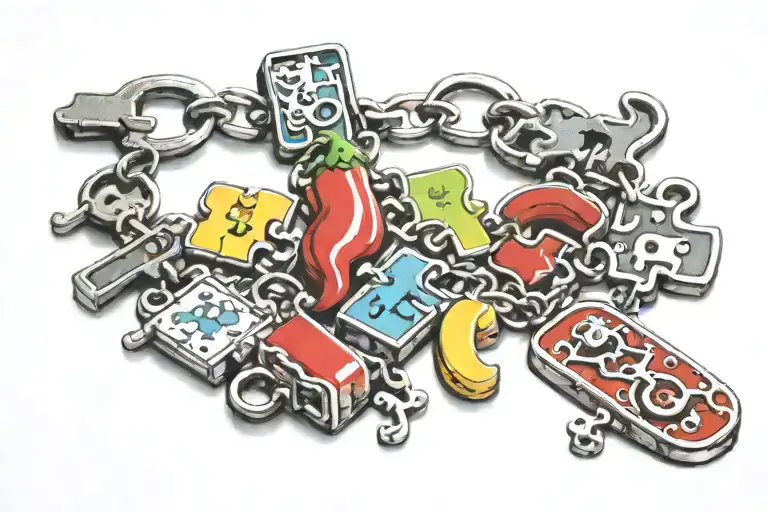 a charm bracelet with a puzzle piece, toast, bean, jelly bean, chili pepper.  tattoo design idea