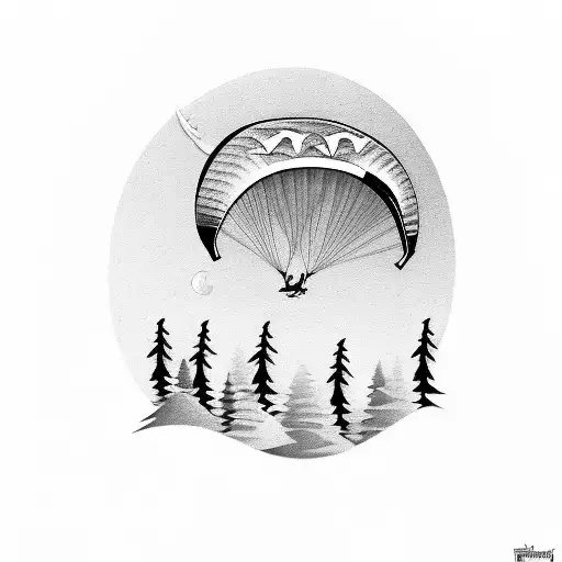 Create a tattoo featuring a paraglider soaring through the sky above a forest, using a black-grey style. tattoo design idea