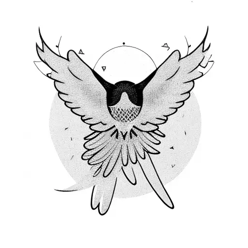 A black bird with its wings spread wide, surrounded by delicate xoxo lettering tattoo design idea
