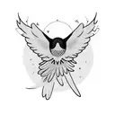 A black bird with its wings spread wide, surrounded by delicate xoxo lettering tattoo design idea