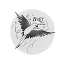 A black bird with its wings spread wide, surrounded by delicate xoxo lettering tattoo design idea