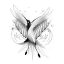 A black bird with its wings spread wide, surrounded by delicate xoxo lettering tattoo design idea