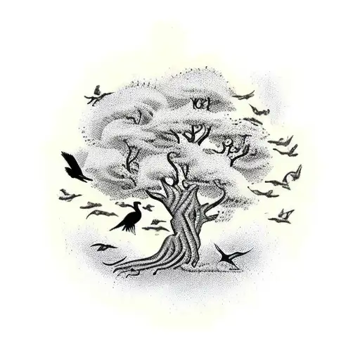 A traditional-style tattoo of a tree with animals and birds perched on its branches tattoo design idea