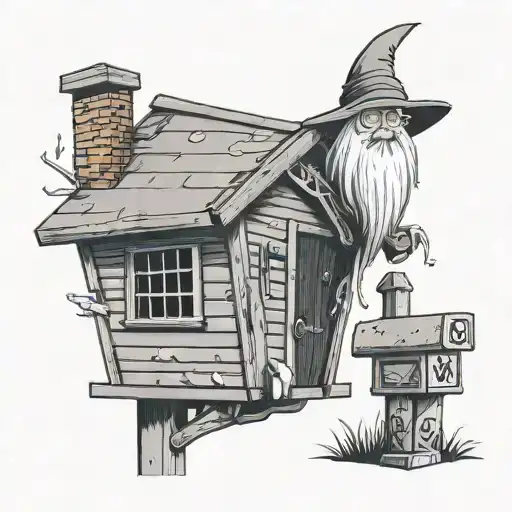 big mysterious shed with 6 foot tall white hair wizard laying on roof and his hat is on a mailbox with initials S.W.M.G tattoo design idea