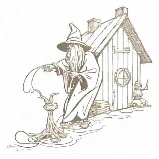 shed with wizard loitering with back up against it and casting a spell  tattoo design idea