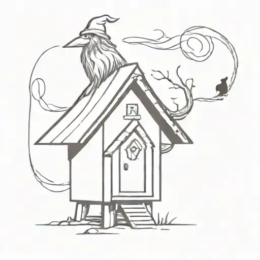 big mysterious shed with wizard laying on top of it and his hat is on a mailbox with initials S.W.M.G tattoo design idea