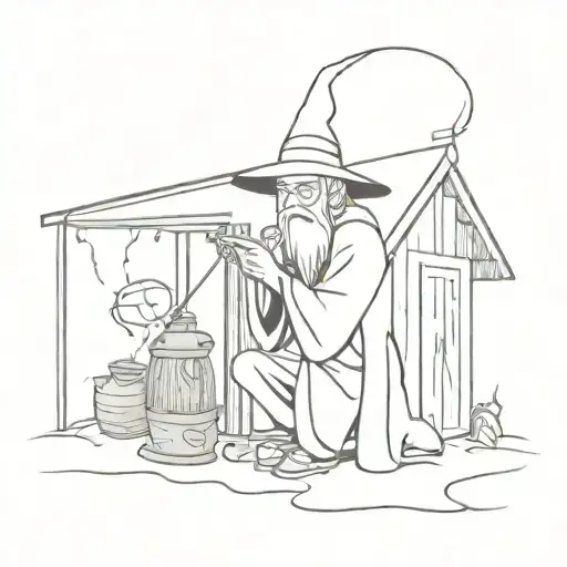 shed with wizard loitering and casting a spell tattoo design idea