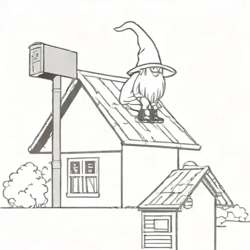 big mysterious shed with 6 foot tall white hair wizard laying on roof and his hat is on a mailbox with initials S.W.M.G tattoo design idea