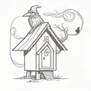big mysterious shed with wizard laying on top of it and his hat is on a mailbox with initials S.W.M.G tattoo design idea