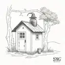 big mysterious shed with wizard laying on top of it and his hat is on a mailbox with initials S.W.M.G tattoo design idea