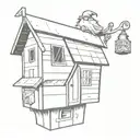 big mysterious shed with wizard laying on top of it and his hat is on a mailbox with initials S.W.M.G tattoo design idea