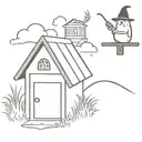 big mysterious shed with wizard laying on top of it and his hat is on a mailbox with initials S.W.M.G tattoo design idea