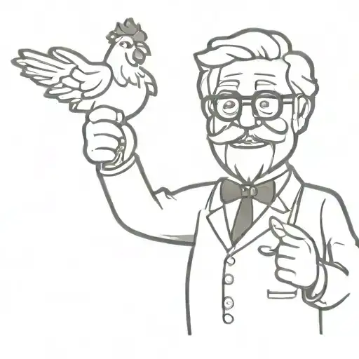 colonel sanders smiling, holding a chicken drumstick in one hand, and giving a thumbs up with the other hand.  tattoo design idea