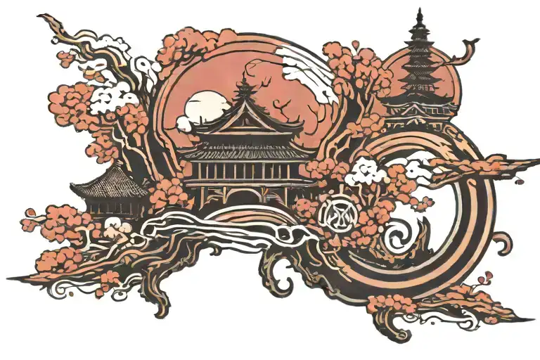 A tatoo with avicii logo combined with japan landscape and coding symbols tattoo design idea