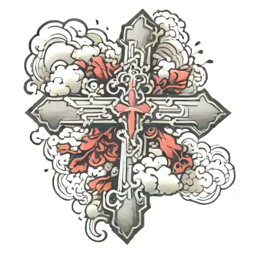 cross with clouds and ruses under tattoo design idea