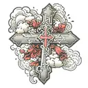 cross with clouds and ruses under tattoo design idea