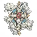 cross with clouds and ruses under tattoo design idea