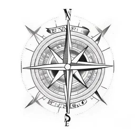 Compass with an arrow, four words around it tattoo design idea