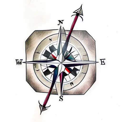 Compass with an arrow, four words around it tattoo design idea