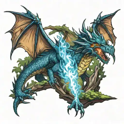 A dragon breathing fire in a realistic forest setting tattoo design idea