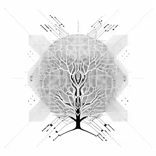A futuristic binary code chart weaving through the branches of a tree tattoo design idea