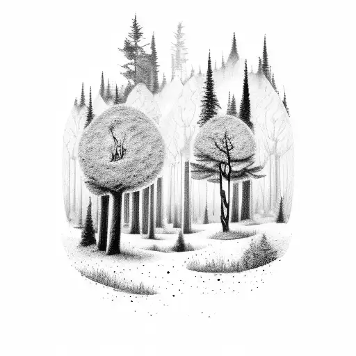 A dark and mysterious forest landscape with hidden sad faces tattoo design idea