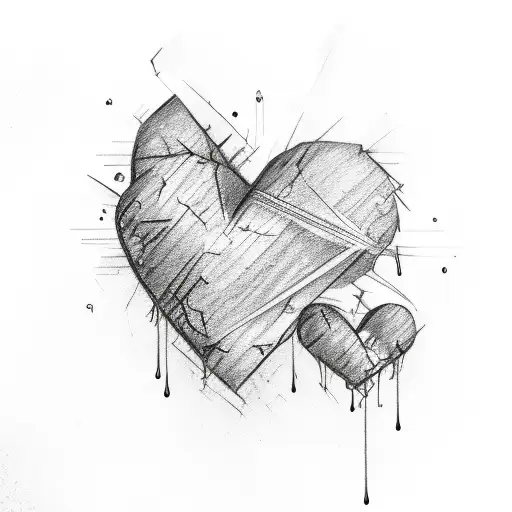 An abstract sketch of a broken heart dripping black ink tattoo design idea
