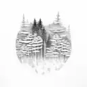 A dark and mysterious forest landscape with hidden sad faces tattoo design idea