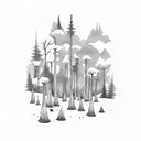 A dark and mysterious forest landscape with hidden sad faces tattoo design idea