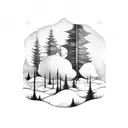 A dark and mysterious forest landscape with hidden sad faces tattoo design idea