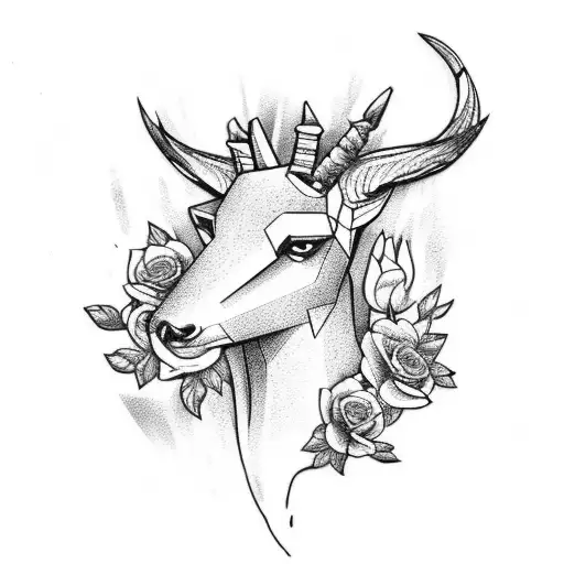  flowers and Thor hammer and gazelle outline in background tattoo design idea