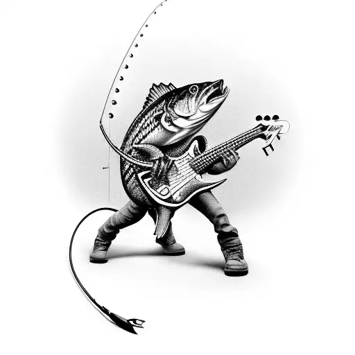 A fishing lure shaped like a bass guitar with motorcycle-themed details tattoo design idea