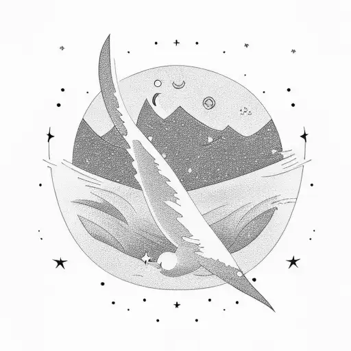 A minimalist tattoo of a single wave with a flock of birds soaring above and stars twinkling in the sky tattoo design idea