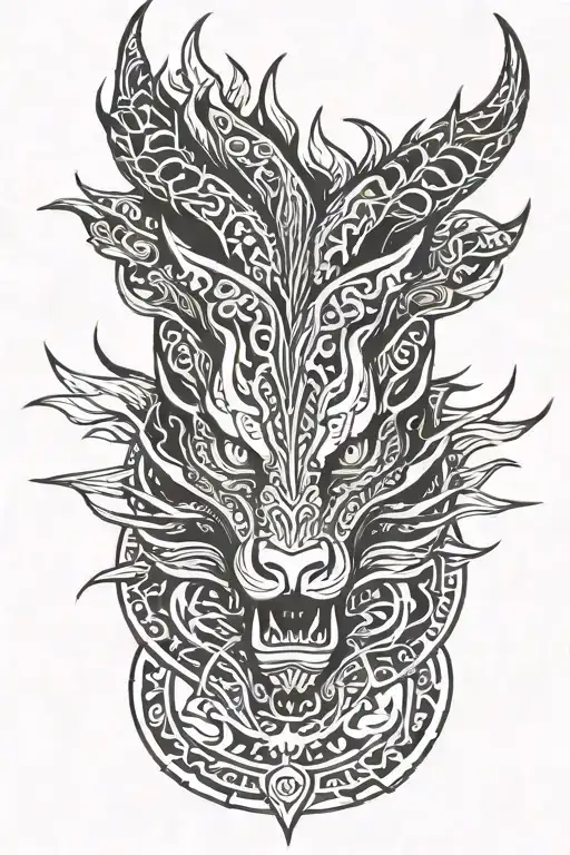 fierce and calm dragon head emerging centrically in symmetry tattoo design idea