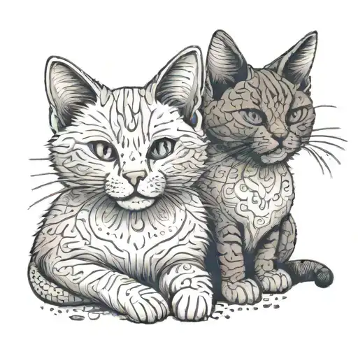 two cute, cozy cats sitting together, with fine linework and minimal shading. Subtle color accents tattoo design idea