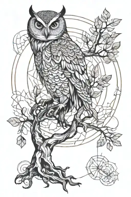 Owl and yggdrasil tree of life and time tattoo design idea
