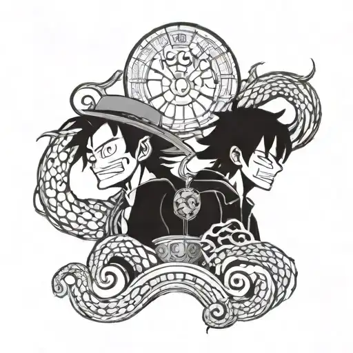 scales with hidden words J and D Luffy tattoo design idea