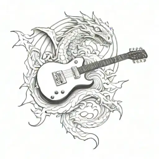 A sketch style tattoo of a guitarra morphing into a dragon, with Megadeth album covers as the dragon's scales tattoo design idea