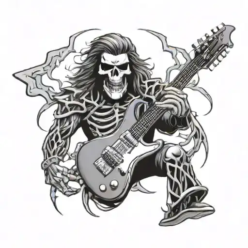 A black-grey design of a guitarra shredding lightning bolts with the Megadeth Vic Rattlehead mascot in the background tattoo design idea