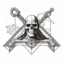 Incorporate Megadeth's mascot Vic Rattlehead into a geometric blackwork design tattoo design idea