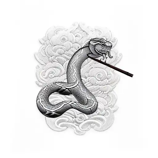 hyper realistic wooden staff with intricate detail on the wood with a snake wrapped around it 12 times biblical staff of tattoo design idea