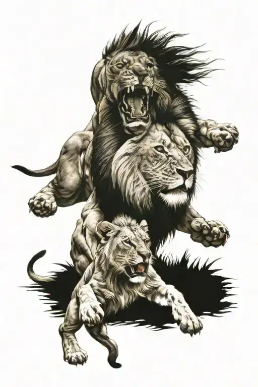 lion roaring with lioness protecting her cubs tattoo design idea