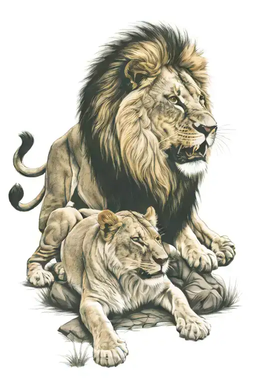 lion roaring with lioness protecting her cubs tattoo design idea