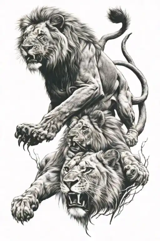 lion roaring with lioness protecting her cubs tattoo design idea