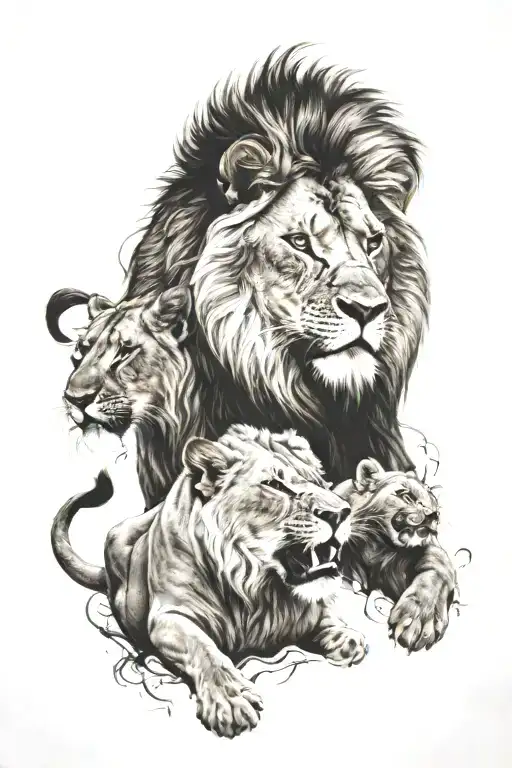 lion roaring with lioness protecting her cubs tattoo design idea